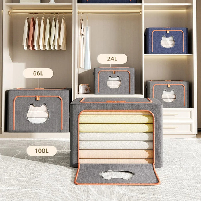 100L 60 x 42 x 40CM Foldable Storage Box with Cat Ear Window Cationic Fabric Steel Frame Organizer - Blue - 4