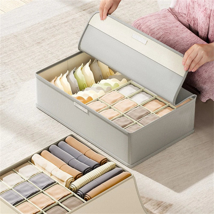 Underwear Organizer Box 17 Compartments Foldable Drawer Divider with Lid for Socks Bras Clothes Storage - Light Grey - 3