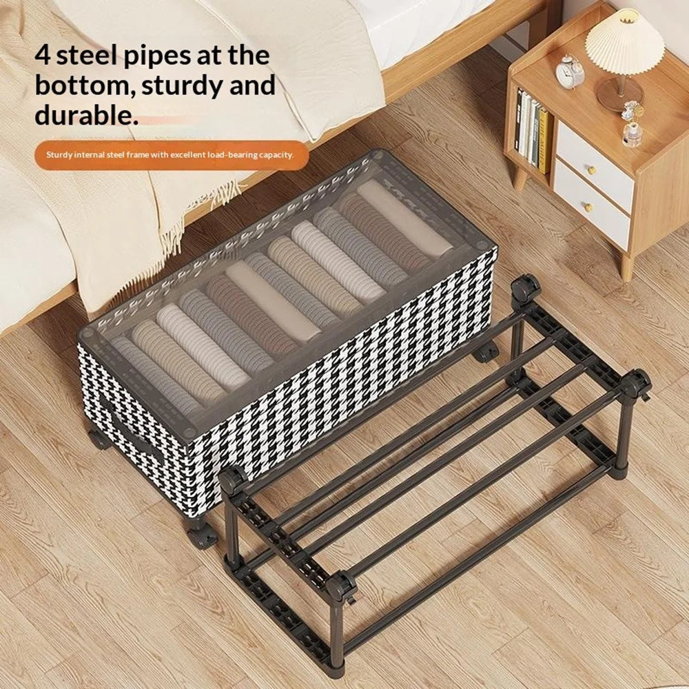 57cm Long Under Bed Storage Box with Wheels Dustproof Foldable Clothing Organizer Container - Houndstooth - 2