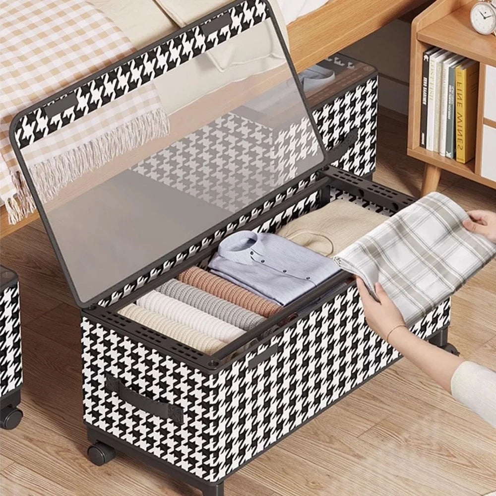 57cm Long Under Bed Storage Box with Wheels Dustproof Foldable Clothing Organizer Container - Houndstooth - 3