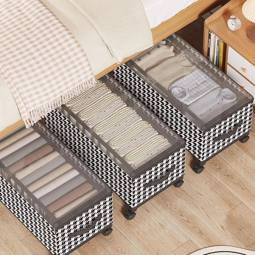 57cm Long Under Bed Storage Box with Wheels Dustproof Foldable Clothing Organizer Container - Houndstooth - 7