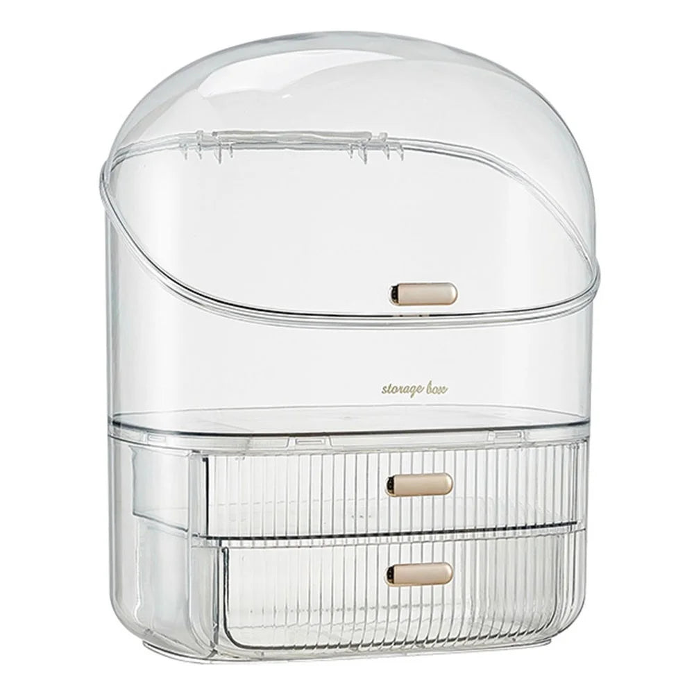 Clear Makeup Organizer Box With Lid 2 Drawer Storage Cosmetic Case Desktop Dustproof Beauty Organizer - Transparent - 1
