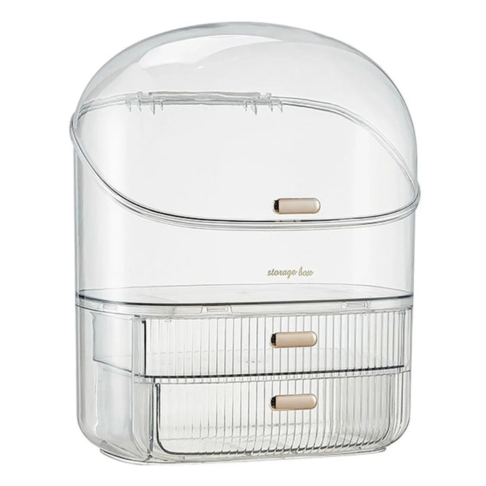 Clear Makeup Organizer Box With Lid 2 Drawer Storage Cosmetic Case Desktop Dustproof Beauty Organizer - Transparent - 1