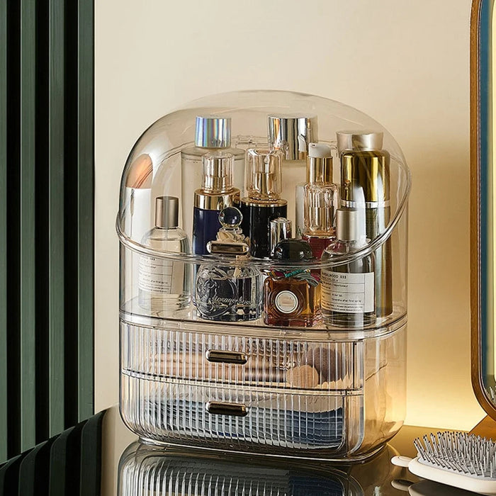 Clear Makeup Organizer Box With Lid 2 Drawer Storage Cosmetic Case Desktop Dustproof Beauty Organizer - Transparent - 2