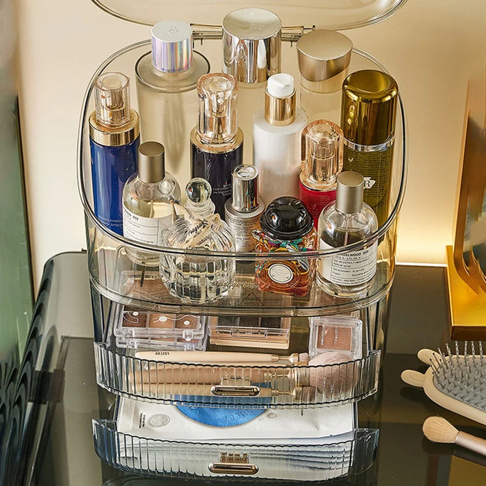 Clear Makeup Organizer Box With Lid 2 Drawer Storage Cosmetic Case Desktop Dustproof Beauty Organizer - Transparent - 3