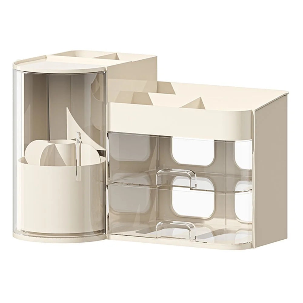 Desktop Makeup Organizer With Drawer 2 In 1 Rotating Storage Box Large Capacity Dustproof Cosmetic Holder - Beige - 1