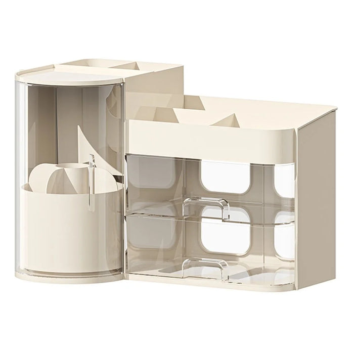 Desktop Makeup Organizer With Drawer 2 In 1 Rotating Storage Box Large Capacity Dustproof Cosmetic Holder - Beige - 1