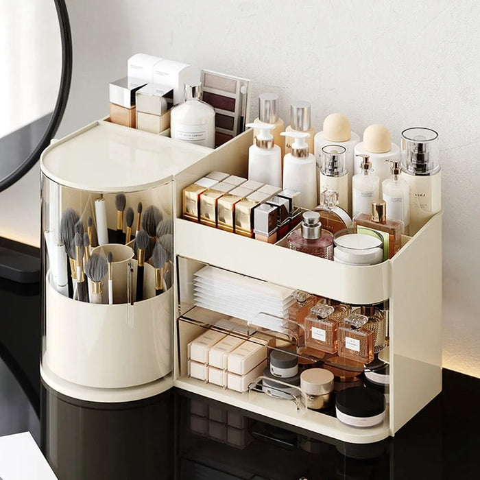 Desktop Makeup Organizer With Drawer 2 In 1 Rotating Storage Box Large Capacity Dustproof Cosmetic Holder - Beige - 2