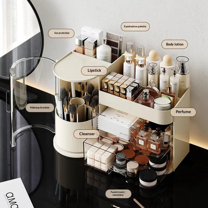 Desktop Makeup Organizer With Drawer 2 In 1 Rotating Storage Box Large Capacity Dustproof Cosmetic Holder - Beige - 3