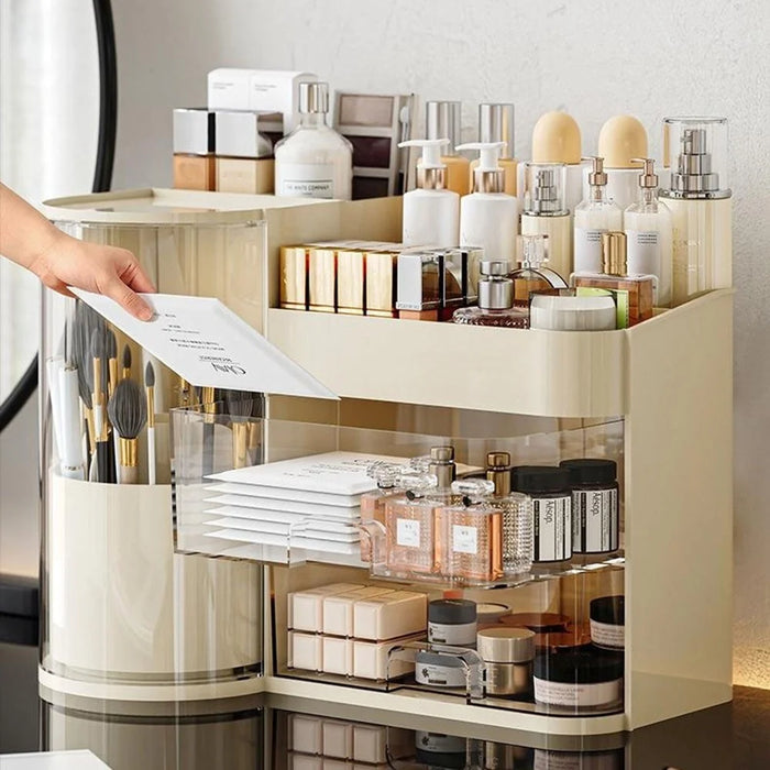 Desktop Makeup Organizer With Drawer 2 In 1 Rotating Storage Box Large Capacity Dustproof Cosmetic Holder - Beige - 4
