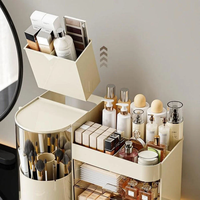 Desktop Makeup Organizer With Drawer 2 In 1 Rotating Storage Box Large Capacity Dustproof Cosmetic Holder - Beige - 5
