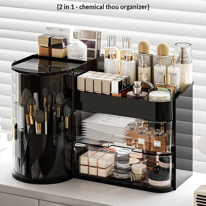 Desktop Makeup Organizer With Drawer 2 In 1 Rotating Storage Box Large Capacity Dustproof Cosmetic Holder - Beige - 7