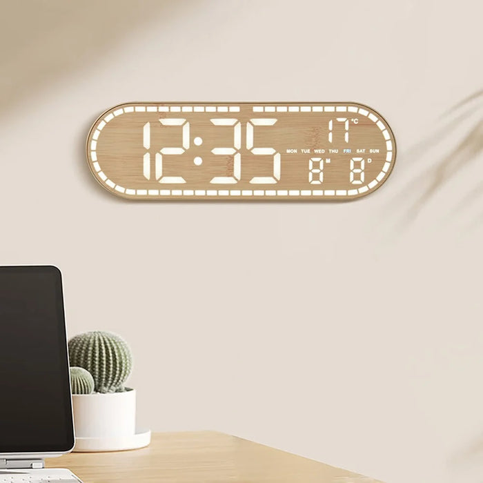 GH8053 Oval Shape Multi-function Wall Clock 4 Brightness Levels Adjustable LED Electronic Clock with Date and Temperature Display - Yellow - 4