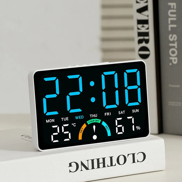 GH9007 Large Screen Digital LED Electronic Clock Multifunction Temperature Humidity Alarm Clock - Black Shell+Blue Light - 6