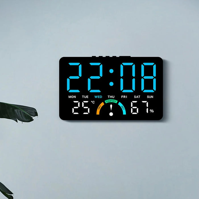 GH9007 Large Screen Digital LED Electronic Clock Multifunction Temperature Humidity Alarm Clock - Black Shell+Blue Light - 7