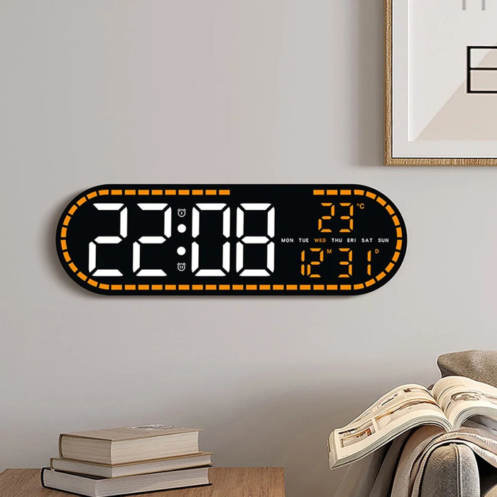 GH9009 Multifunctional Temperature Humidity Wall Clock Oval Shape LED Digital Alarm Clock for Living Room Bedroom - Black Shell+Green Light - 7