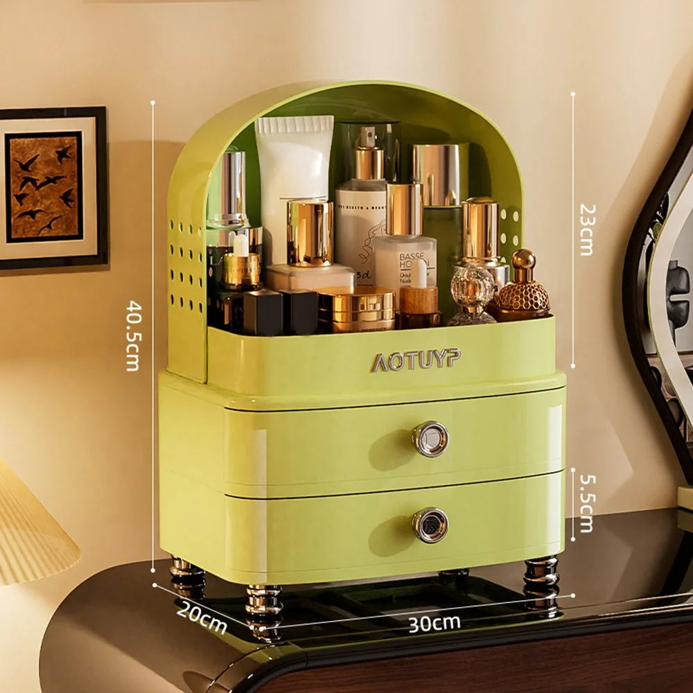 AOTUYP 2 Layer Multifunctional Makeup Organizer Box Large Capacity Cosmetic Storage Desktop Organizer with Drawer for Skincare Lipstick - Pink - Green - 1