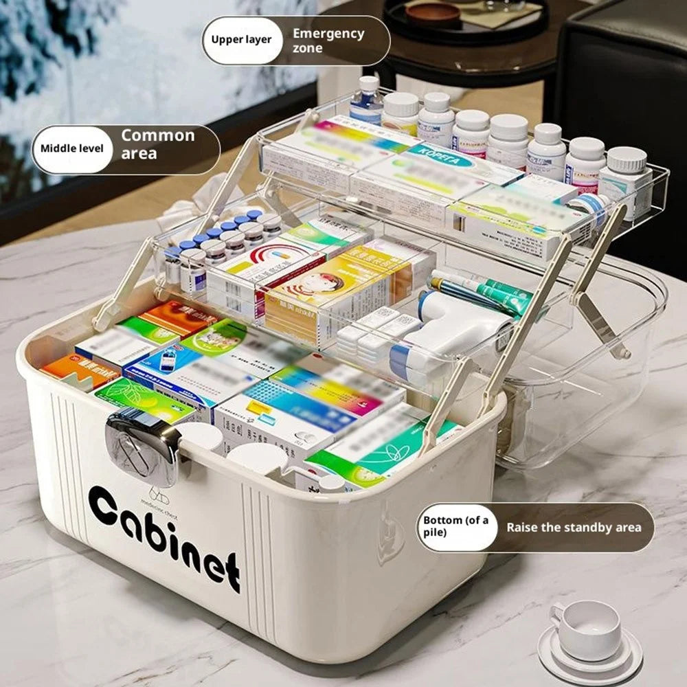 3 Layer Medicine Box Large Capacity Multi-Layer Medical Storage Cabinet Transparent First Aid Kit with Handle Lock for Home Organization - 3