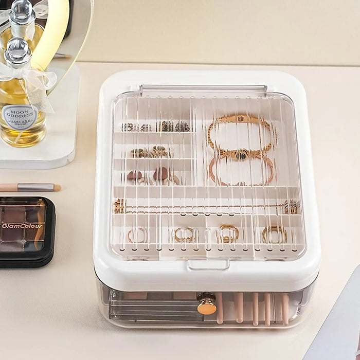 Double Layer Luxury Transparent Jewelry Box Flip Cover Compartment Ring Earring Makeup Storage Box - White - 5