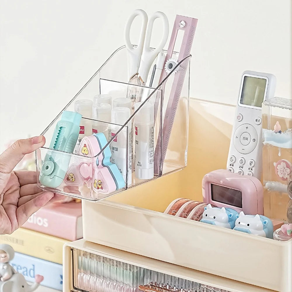 Desktop Organizer Box Multi-Compartment Pen Holder Trapezoid Single Layer Storage Rack for Office Study - Beige - 2