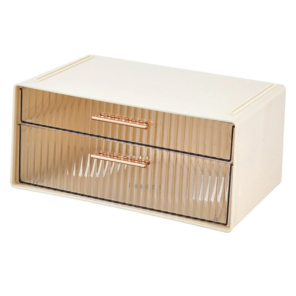 2-Tier Desktop Organizer Box Dual Drawer Office Storage Box Rack for Stationery Organization - Beige - 1