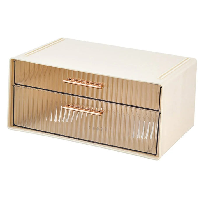 2-Tier Desktop Organizer Box Dual Drawer Office Storage Box Rack for Stationery Organization - Beige - 1