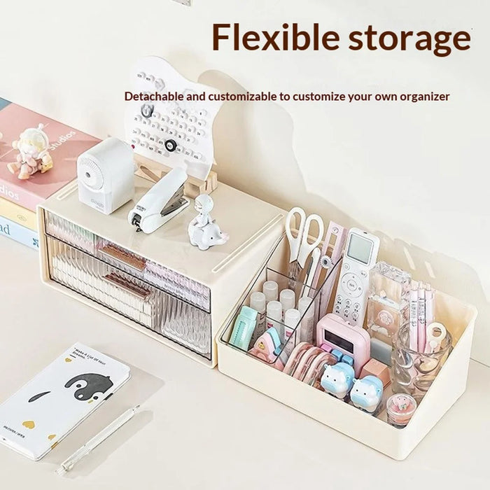 2-Tier Desktop Organizer Box Dual Drawer Office Storage Box Rack for Stationery Organization - Beige - 3