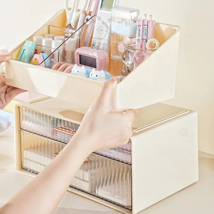 Creative Trapezoid Storage Rack and 2-Tier Storage Box Set Desktop Organizer Box Pen Holder Container for Office Study - Beige - 2