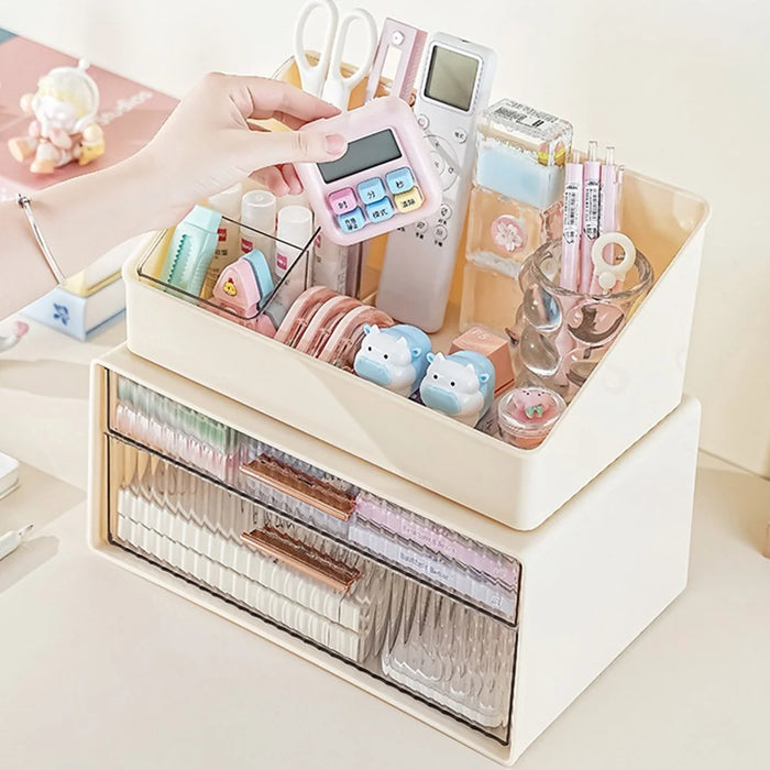 Creative Trapezoid Storage Rack and 2-Tier Storage Box Set Desktop Organizer Box Pen Holder Container for Office Study - Beige - 4