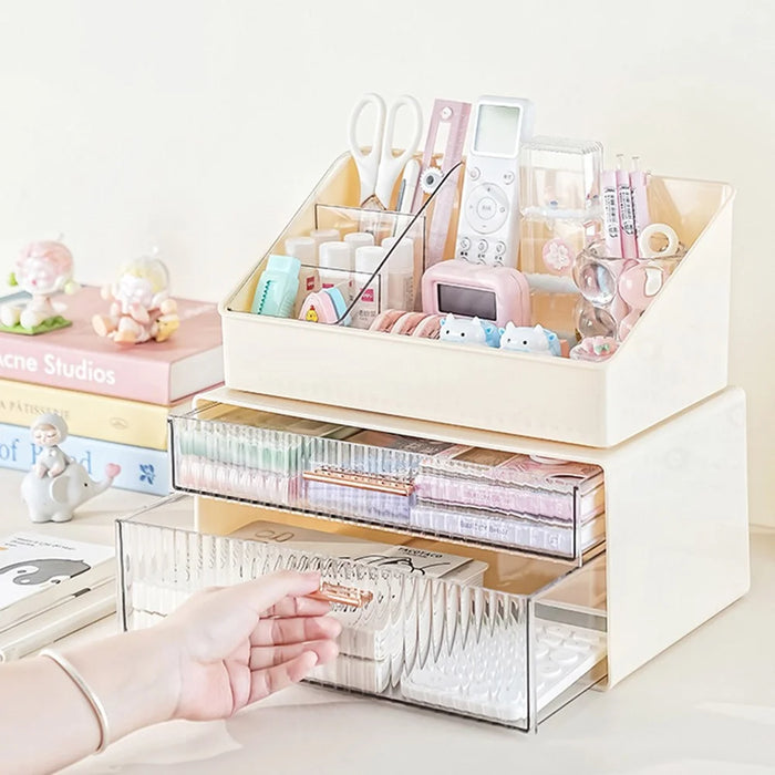 Creative Trapezoid Storage Rack and 2-Tier Storage Box Set Desktop Organizer Box Pen Holder Container for Office Study - Beige - 5