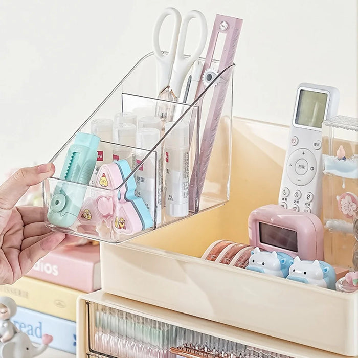 Creative Trapezoid Storage Rack and 2-Tier Storage Box Set Desktop Organizer Box Pen Holder Container for Office Study - Beige - 6