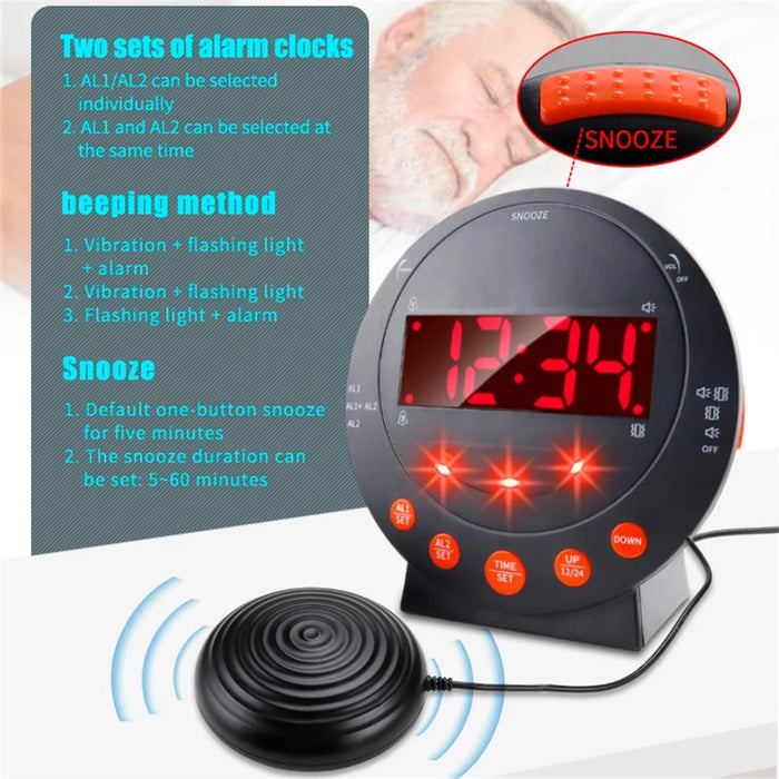 TS-BC610 LED Vibrating Flashing Light Loud Alarm Clock Phone Call Reminder for Hearing Impaired - Black - 3