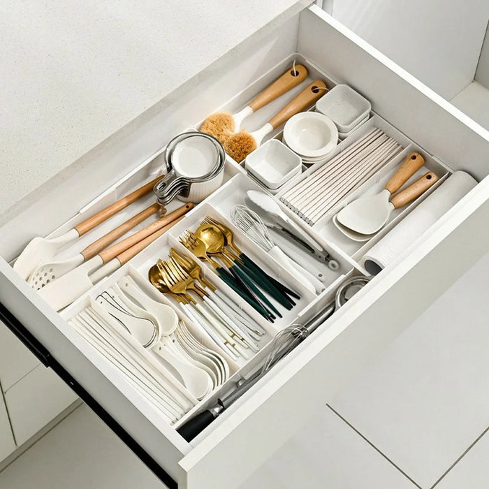 3 Grids Left  /  Right Side Expandable Drawer Organizer Adjustable Makeup Storage Box for Kitchen Desktop - White - 3