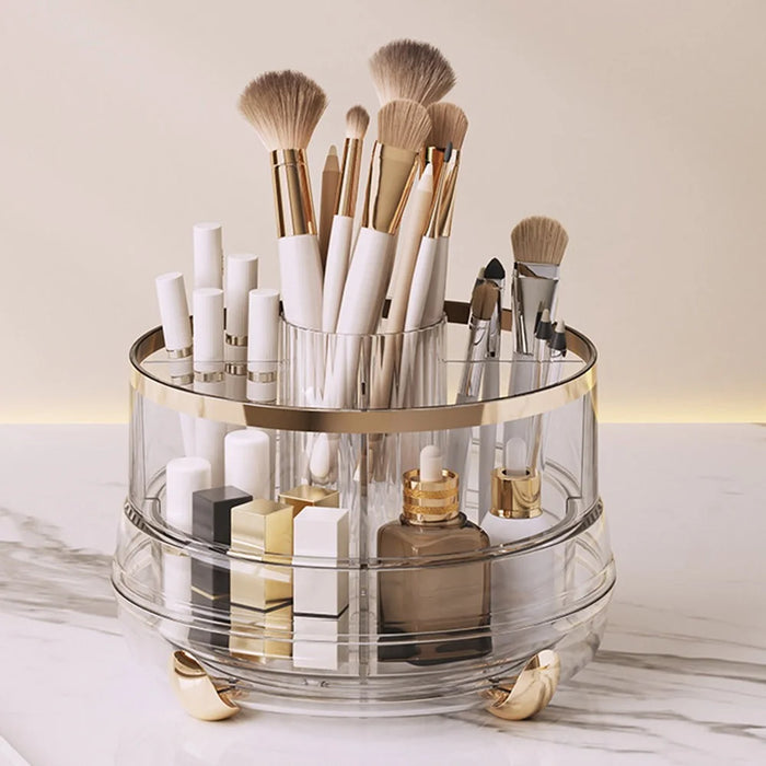 360 Degree Rotating Makeup Organizer Without Lip 5 Compartments Swivel Storage Box Desktop Cosmetic Holder for Brushes Lipstick - Transparent - 2