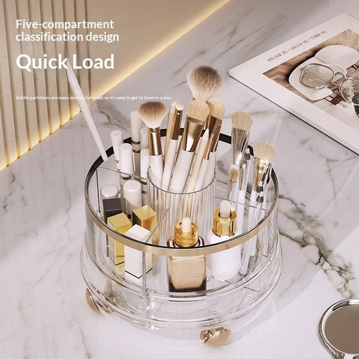 360 Degree Rotating Makeup Organizer Without Lip 5 Compartments Swivel Storage Box Desktop Cosmetic Holder for Brushes Lipstick - Transparent - 4