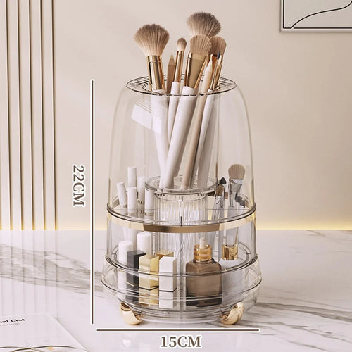 360 Degree Rotating Makeup Organizer With Lip 5 Compartments Swivel Storage Box Desktop Cosmetic Holder for Brushes Lipstick - Transparent - 1