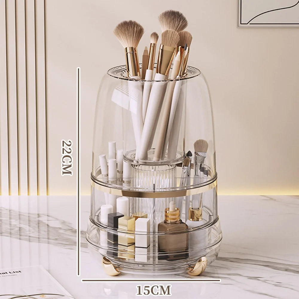 360 Degree Rotating Makeup Organizer With Lip 5 Compartments Swivel Storage Box Desktop Cosmetic Holder for Brushes Lipstick - Transparent - 1