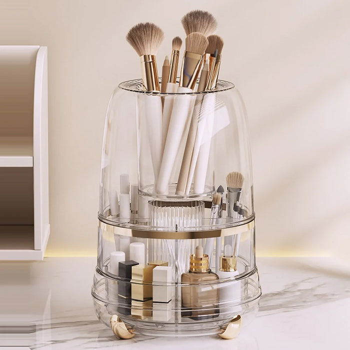 360 Degree Rotating Makeup Organizer With Lip 5 Compartments Swivel Storage Box Desktop Cosmetic Holder for Brushes Lipstick - Transparent - 3