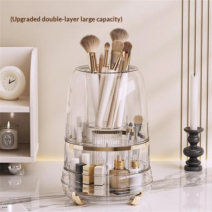360 Degree Rotating Makeup Organizer With Lip 5 Compartments Swivel Storage Box Desktop Cosmetic Holder for Brushes Lipstick - Transparent - 5