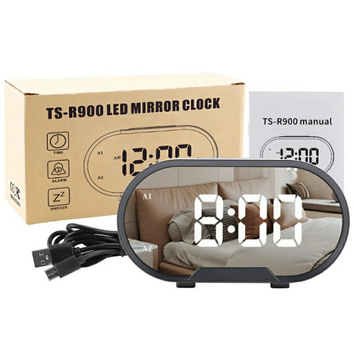 TS-R900 5.5 Inch LED Mirror Clock Dual USB Charging Stepless Brightness Digital Alarm Clock for Bedroom - Black - 1