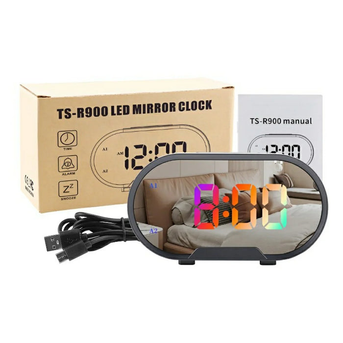 TS-R900 LED Digital Alarm Clock 5.5 Inch Mirror Display Dual USB Charging Desk Clock for Bedroom Desktop - Black - 1