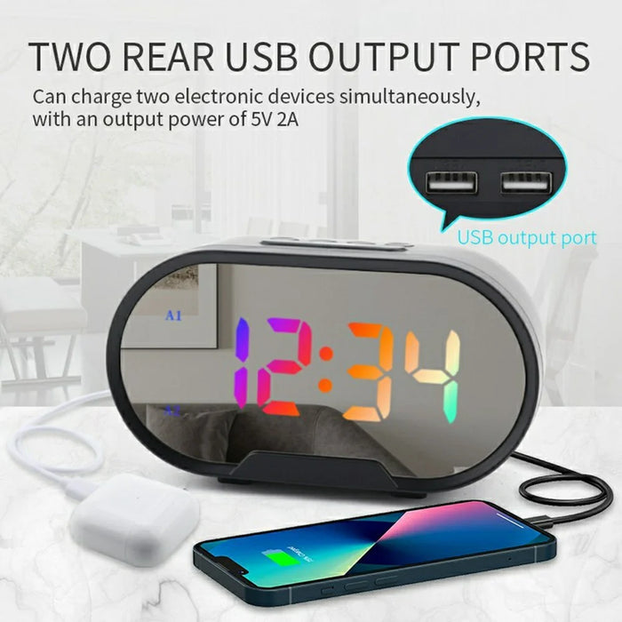TS-R900 LED Digital Alarm Clock 5.5 Inch Mirror Display Dual USB Charging Desk Clock for Bedroom Desktop - Black - 2