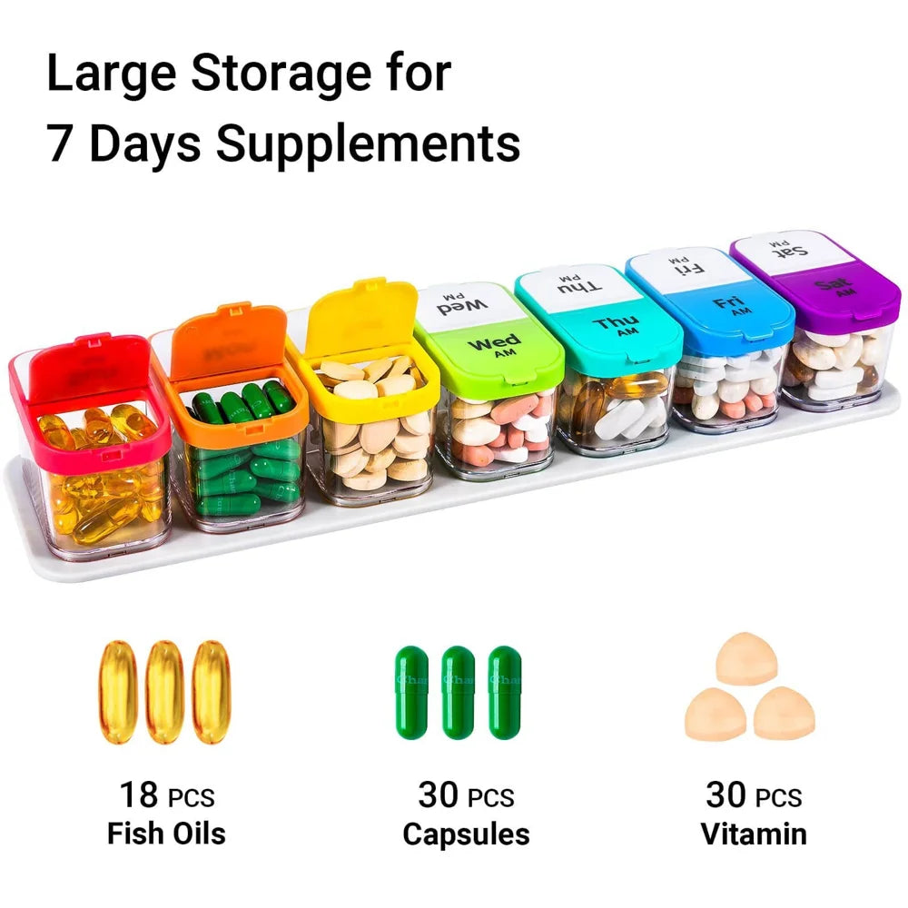 A-273 Portable Pill Organizer 7 Day 14 Compartments Large Capacity Medicine Box (BPA Free, FDA/FMC Certified) - Multicolor - 2
