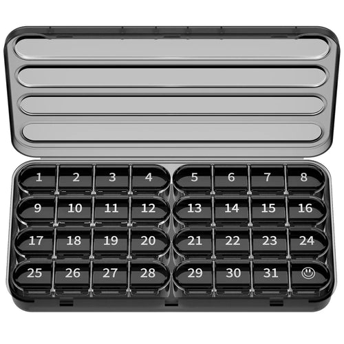 A-482 Portable Pill Organizer 32 Compartments Monthly Medicine Box Travel Storage Case (FDA/FMC Certified, BPA Free) - Transparent Black - 1