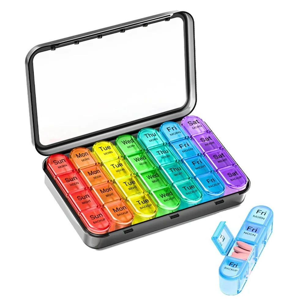 A-470 Weekly Pill Organizer 7-Day 28 Compartments Large Capacity Portable Medicine Box (FDA/FMC Certified, BPA Free) - Transparent Black - 1
