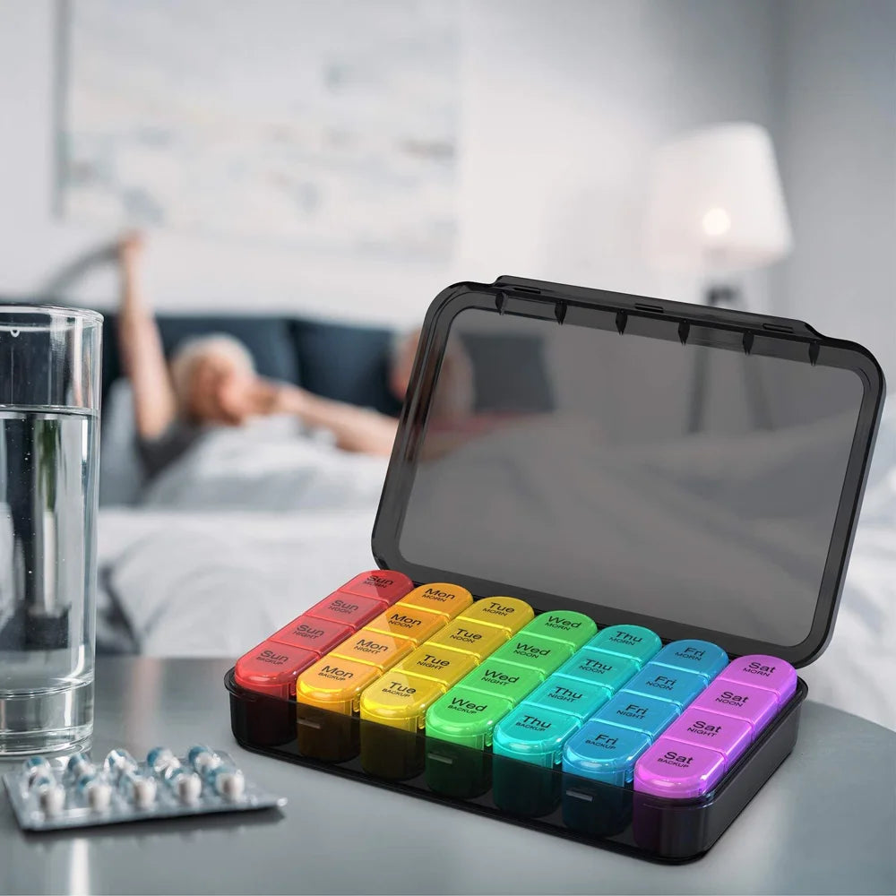A-470 Weekly Pill Organizer 7-Day 28 Compartments Large Capacity Portable Medicine Box (FDA/FMC Certified, BPA Free) - Transparent Black - 2