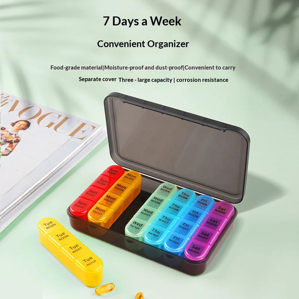 A-470 Weekly Pill Organizer 7-Day 28 Compartments Large Capacity Portable Medicine Box (FDA/FMC Certified, BPA Free) - Transparent Black - 3