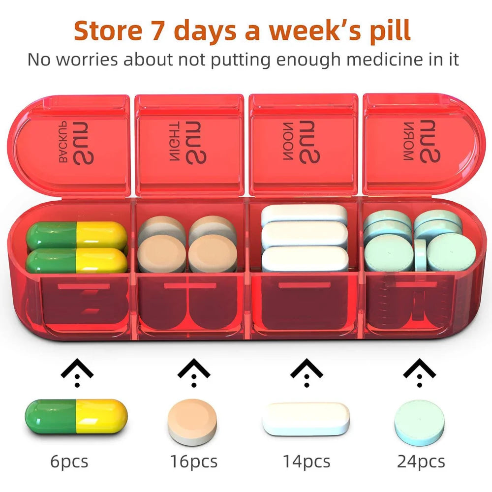 A-470 Weekly Pill Organizer 7-Day 28 Compartments Large Capacity Portable Medicine Box (FDA/FMC Certified, BPA Free) - Transparent Black - 6