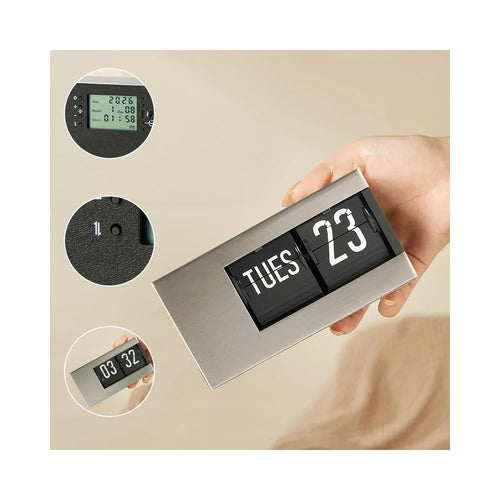 Flip Calendar Table Clock Desktop Decor Digital Display Auto-Page Turning 2000mAh Rechargeable Clip Clock for Home Office - Stainless Steel  /  White Pattern - 1