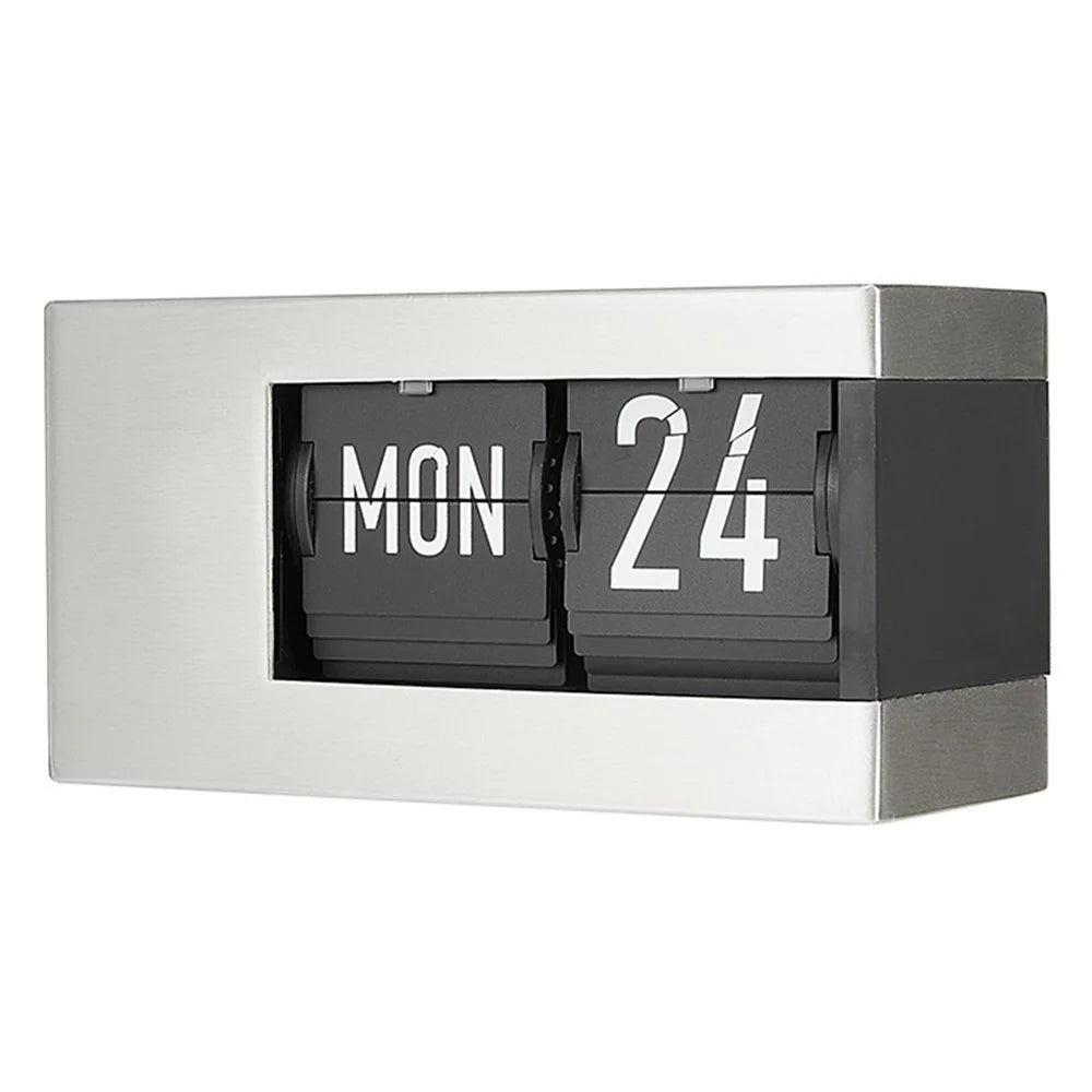 Flip Calendar Table Clock Desktop Decor Digital Display Auto-Page Turning 2000mAh Rechargeable Clip Clock for Home Office - Stainless Steel  /  White Pattern - 2